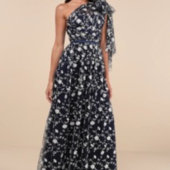 Lulu's Whimsical Allure Navy Mesh Embroidered One-Shoulder Maxi Dress - Picture 6 of 10